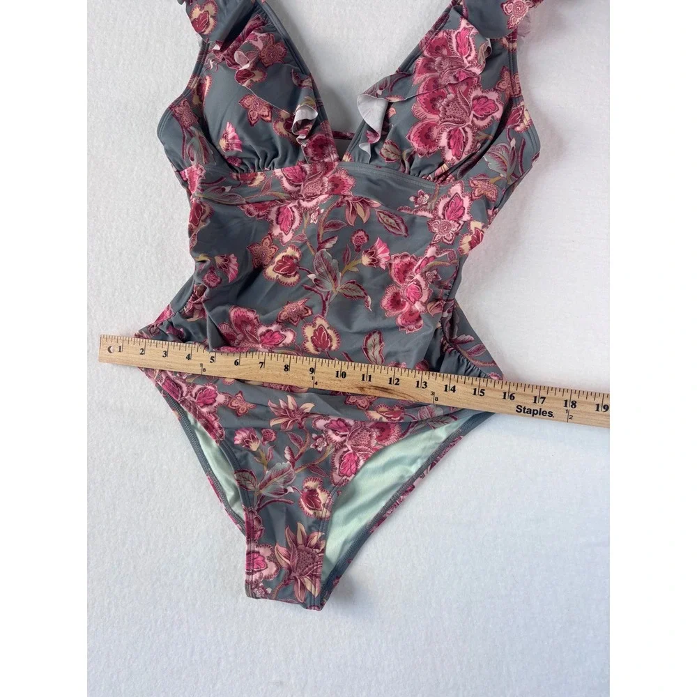 Floral‎ Ruffle V-Neck One Piece Swimsuit Gray Pink Lace Up Back Size Medium NWOT